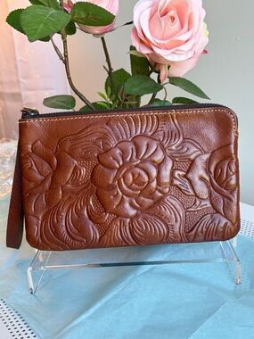 Patricia Nash Embossed Floral Leather Wristlet - Chestnut Brown